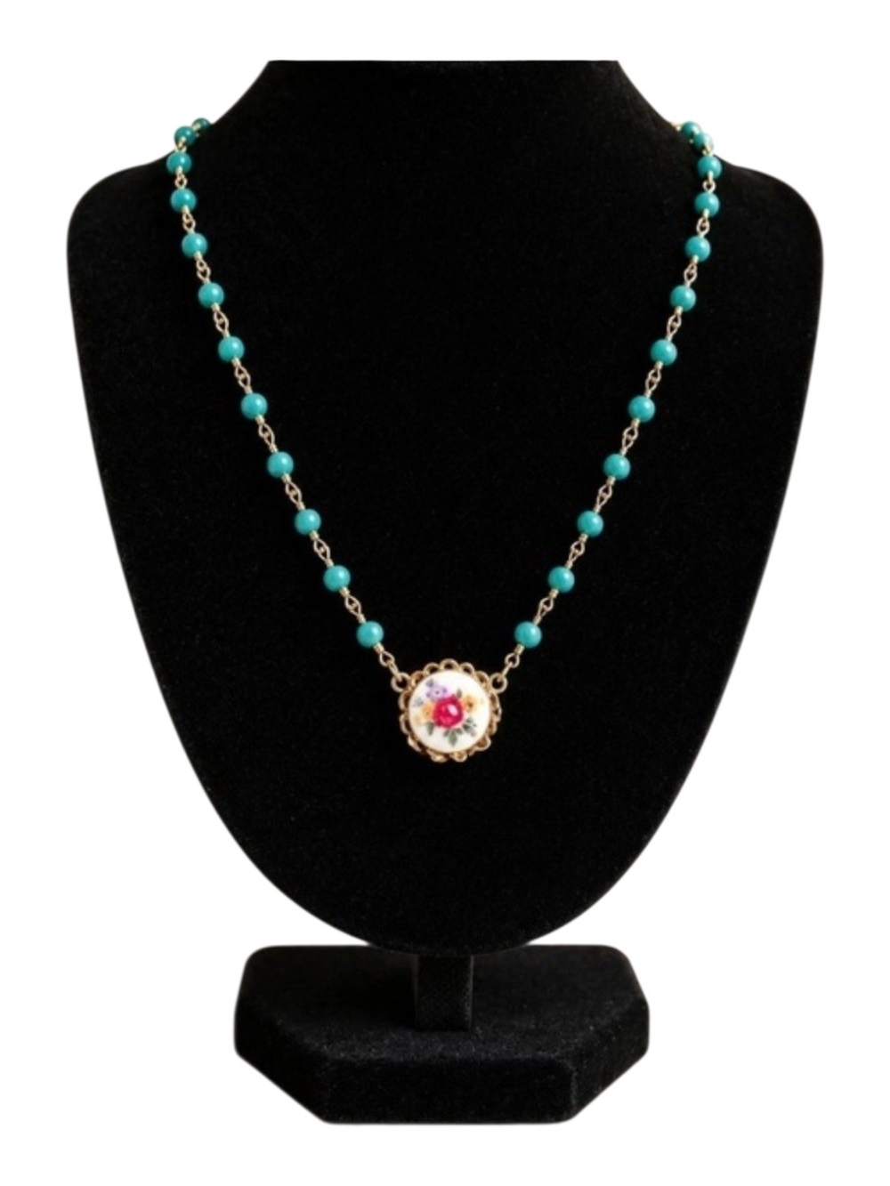 Turquoise Bead Gold-Tone Necklace with Floral Pendant 18-20"